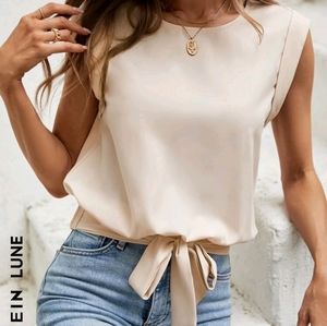 NWT Shein Lune cream tie waist short sleeved blouse shirt womens size xsmall